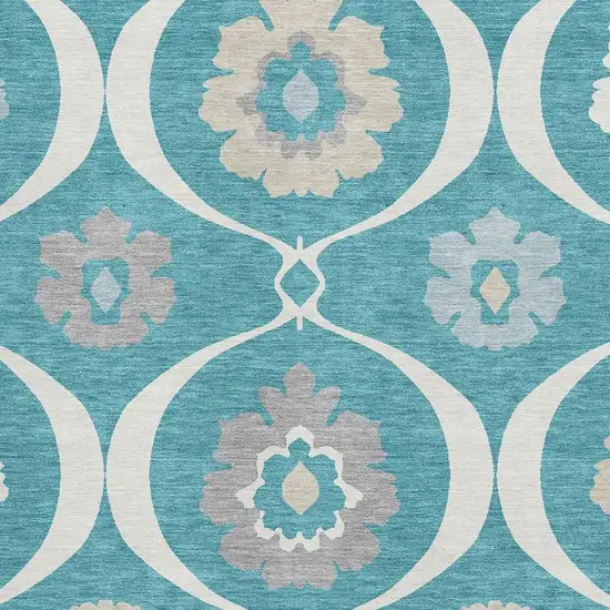 Teal Ivory And Gray Medallion Washable Area Rug With UV Protection Photo 3