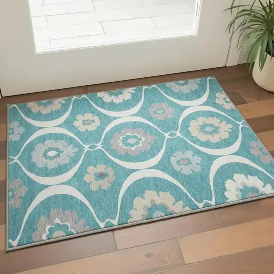 Teal Ivory And Gray Medallion Washable Area Rug With UV Protection Photo 2