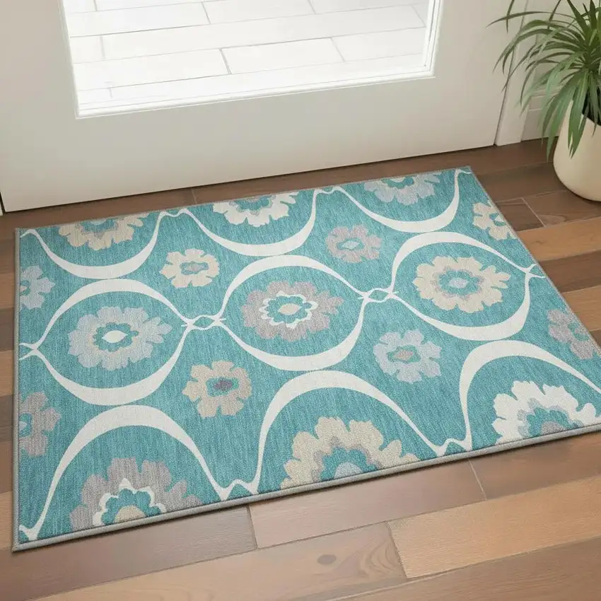 Teal Ivory And Gray Medallion Washable Area Rug With UV Protection Photo 2