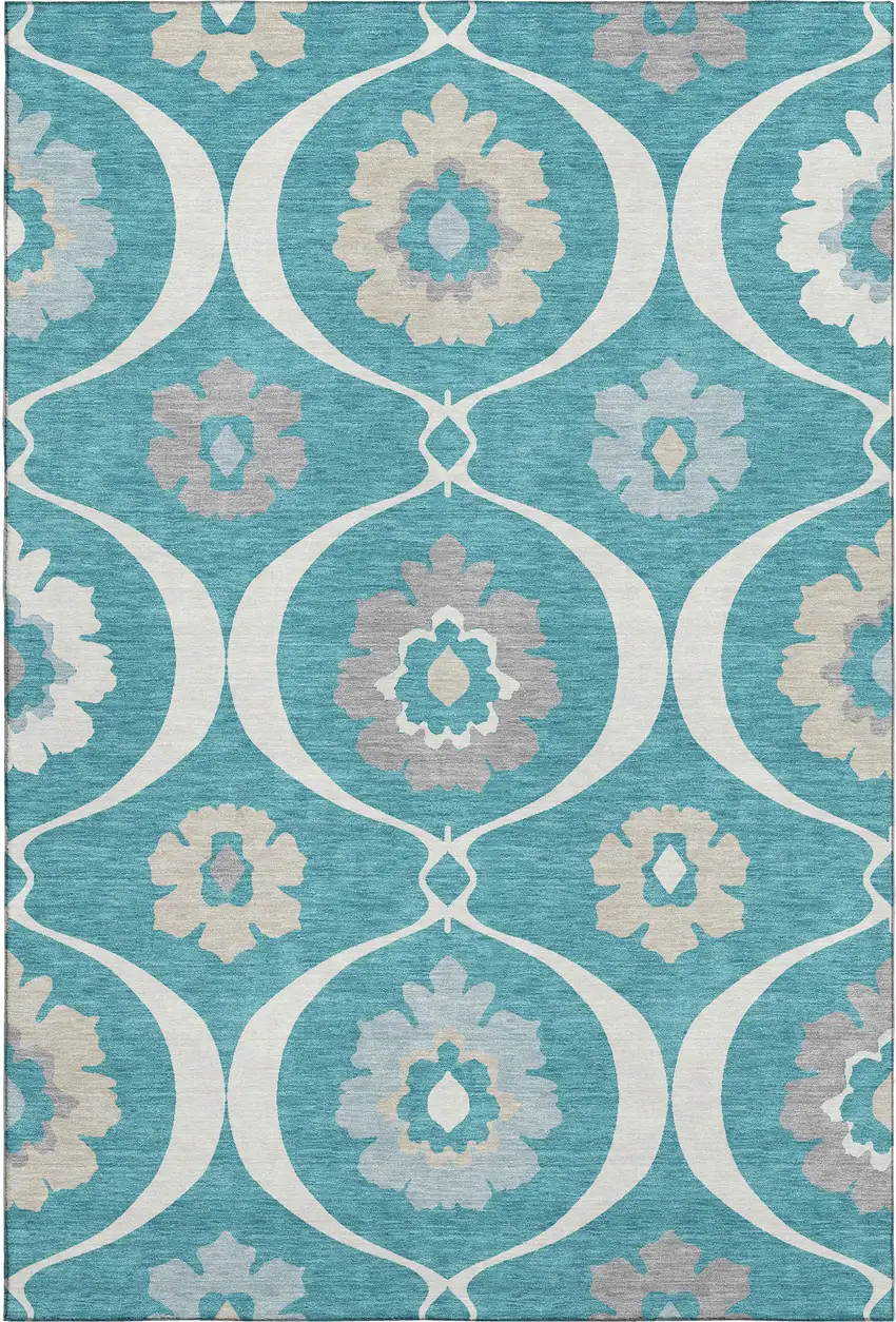 Teal Ivory And Gray Medallion Washable Area Rug With UV Protection Photo 1