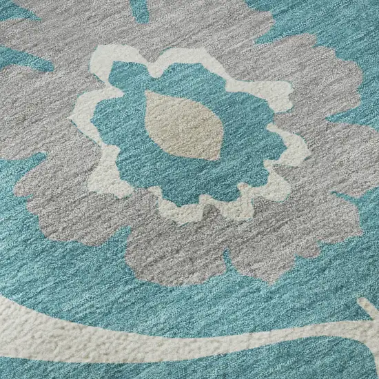 Teal Ivory And Gray Medallion Washable Area Rug With UV Protection Photo 9