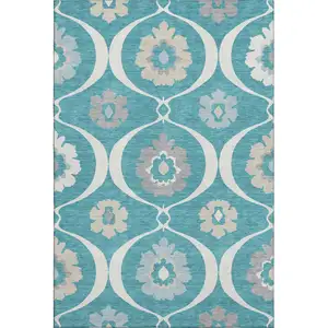Photo of Teal Ivory And Gray Medallion Washable Area Rug With UV Protection