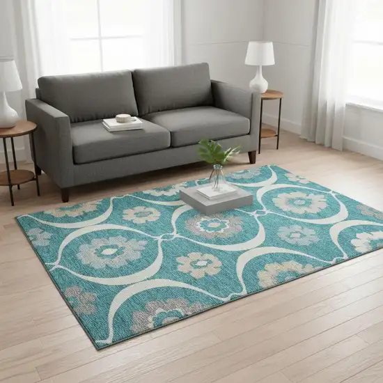 Teal Ivory And Gray Medallion Washable Area Rug With UV Protection Photo 2