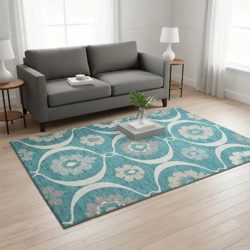 Teal Ivory And Gray Medallion Washable Area Rug With UV Protection Photo 2
