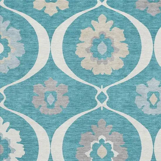 Teal Ivory And Gray Medallion Washable Area Rug With UV Protection Photo 3