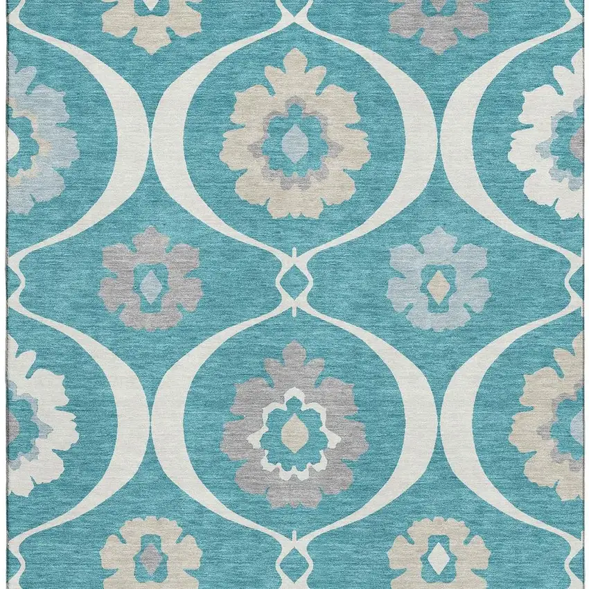 Teal Ivory And Gray Medallion Washable Area Rug With UV Protection Photo 4