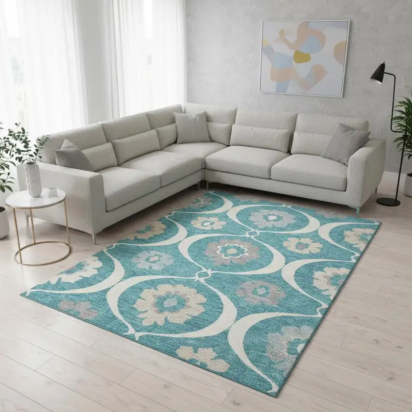 Teal Ivory And Gray Medallion Washable Area Rug With UV Protection Photo 2