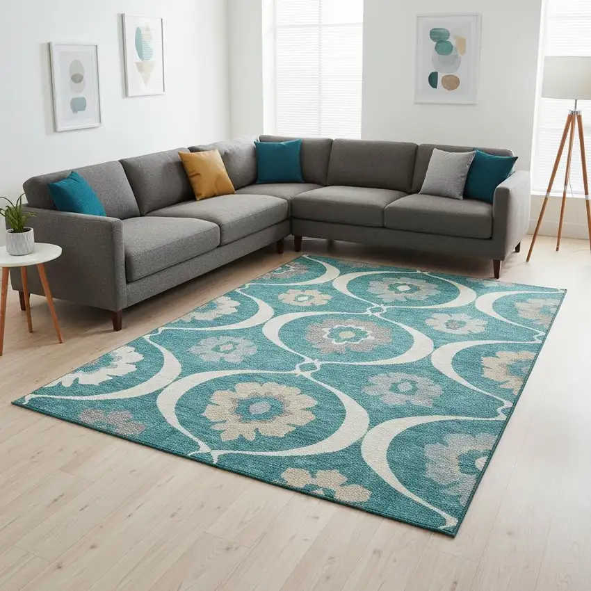 Teal Ivory And Gray Medallion Washable Area Rug With UV Protection Photo 2