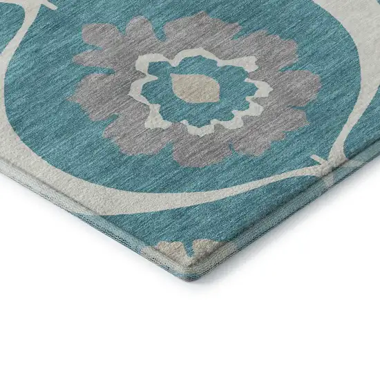 Teal Ivory And Gray Medallion Washable Area Rug With UV Protection Photo 7