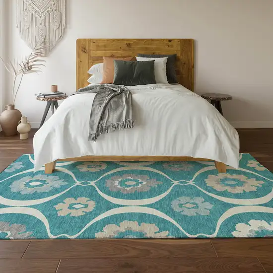 Teal Ivory And Gray Medallion Washable Area Rug With UV Protection Photo 5