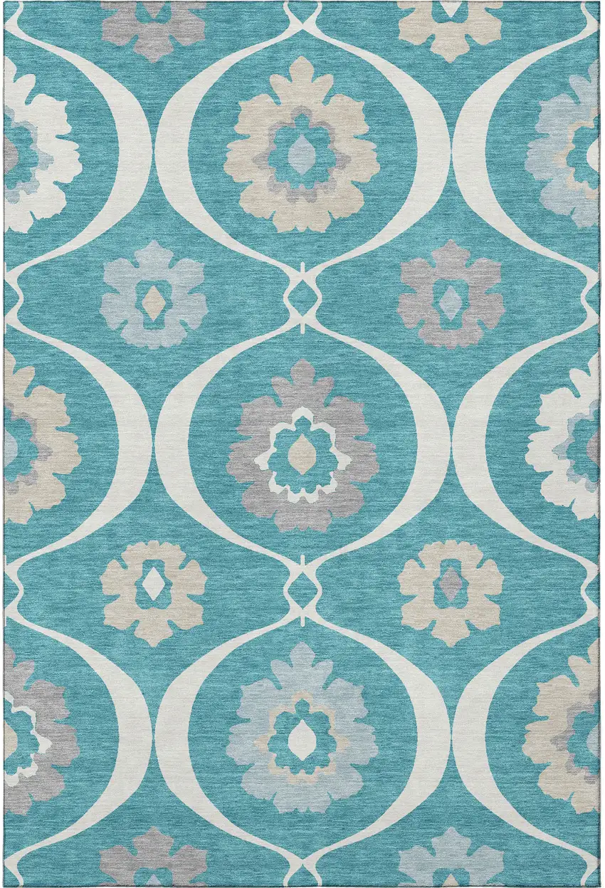 Teal Ivory And Gray Medallion Washable Area Rug With UV Protection Photo 4
