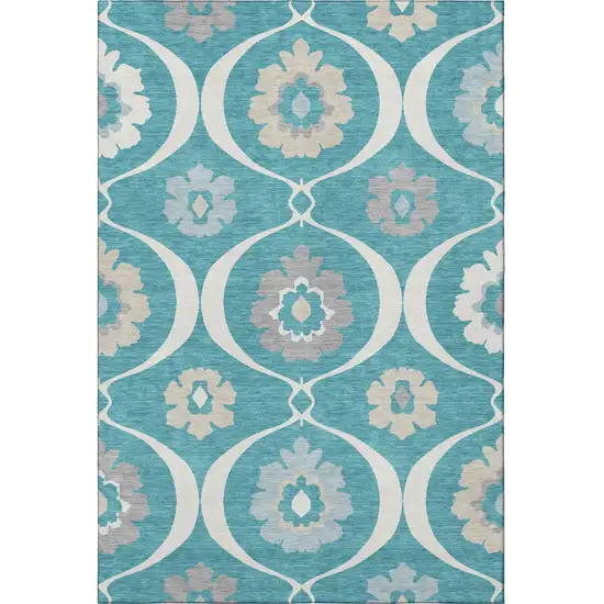 Teal Ivory And Gray Medallion Washable Area Rug With UV Protection Photo 4