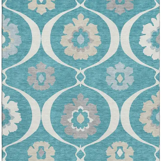 Teal Ivory And Gray Medallion Washable Area Rug With UV Protection Photo 3