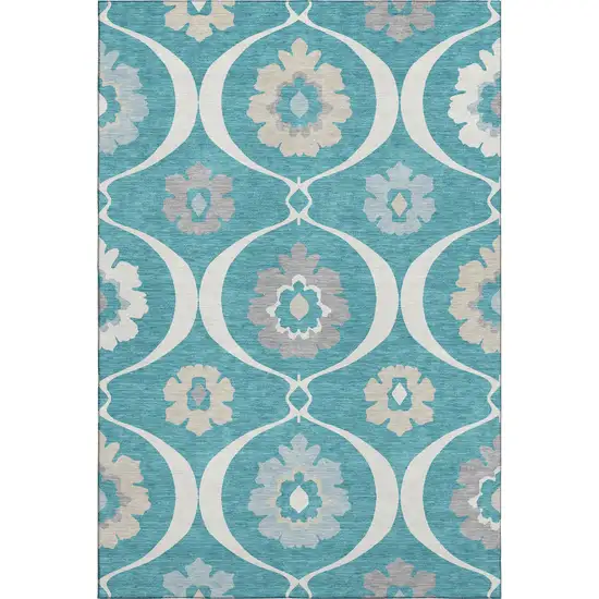 Teal Ivory And Gray Medallion Washable Area Rug With UV Protection Photo 1