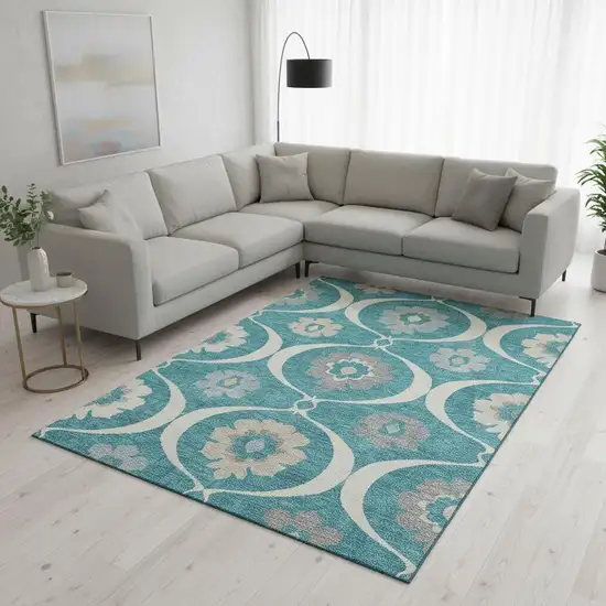 Teal Ivory And Gray Medallion Washable Area Rug With UV Protection Photo 2
