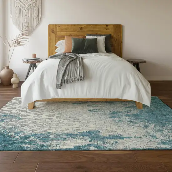 Teal Ivory And Gray Medallion Washable Area Rug With UV Protection Photo 6