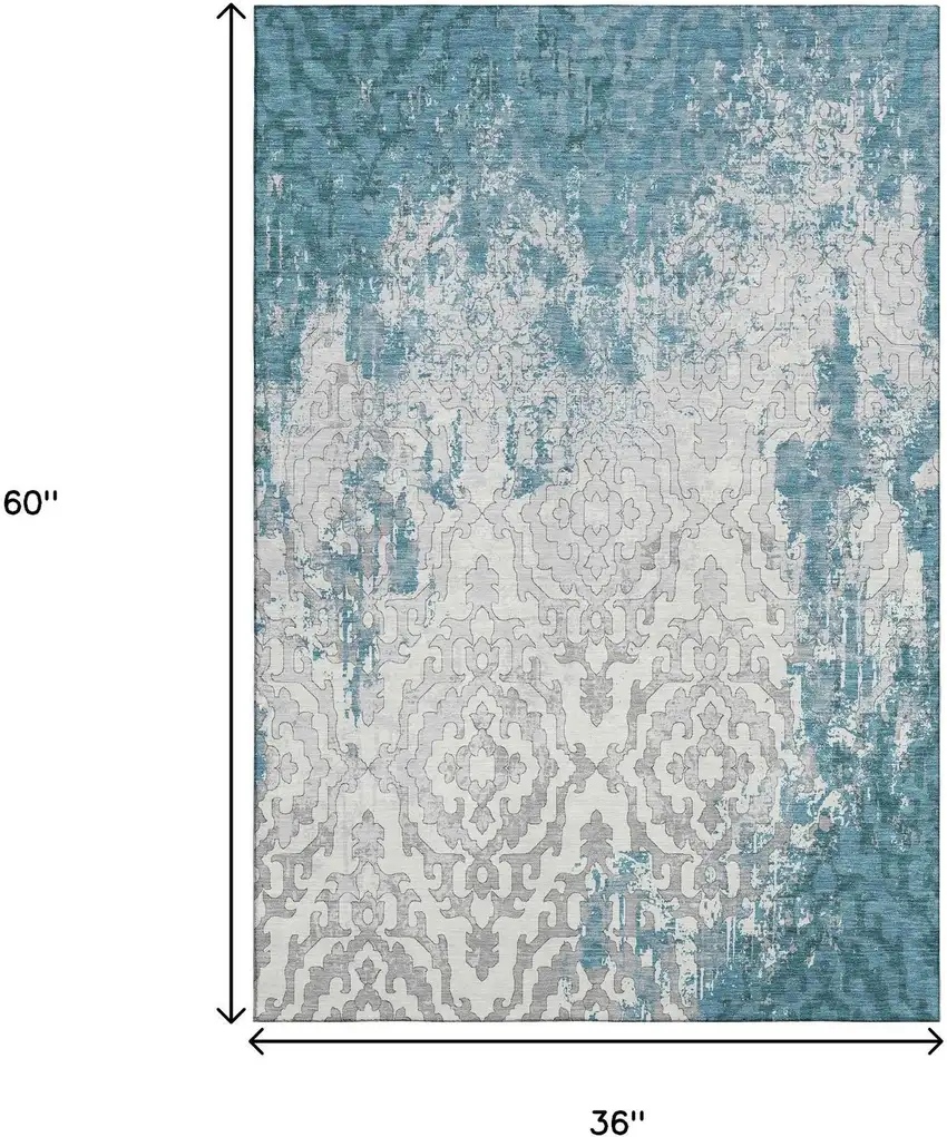 Teal Ivory And Gray Medallion Washable Area Rug With UV Protection Photo 3