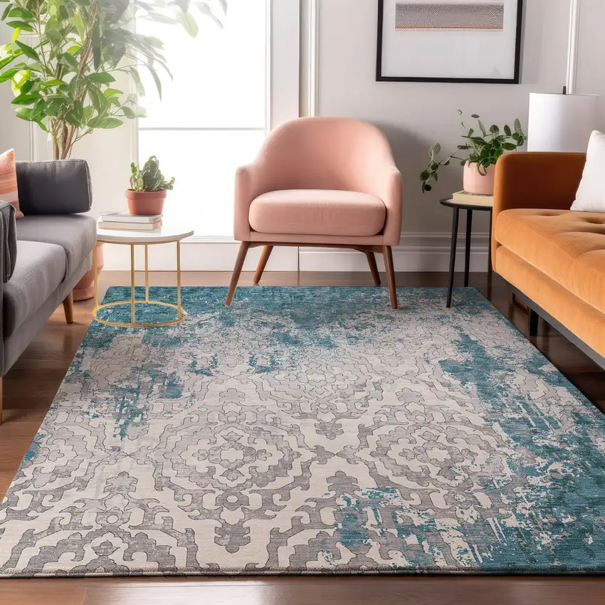 Teal Ivory And Gray Medallion Washable Area Rug With UV Protection Photo 5