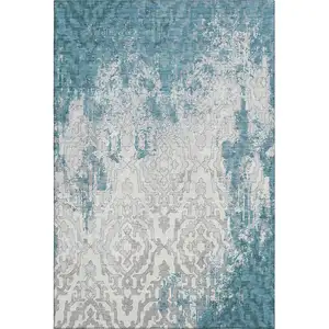 Photo of Teal Ivory And Gray Medallion Washable Area Rug With UV Protection
