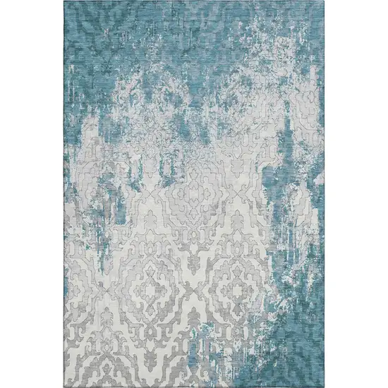 Teal Ivory And Gray Medallion Washable Area Rug With UV Protection Photo 2