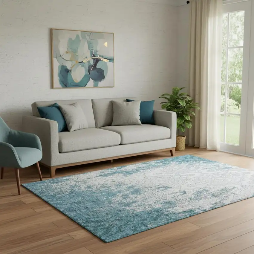 Teal Ivory And Gray Medallion Washable Area Rug With UV Protection Photo 1