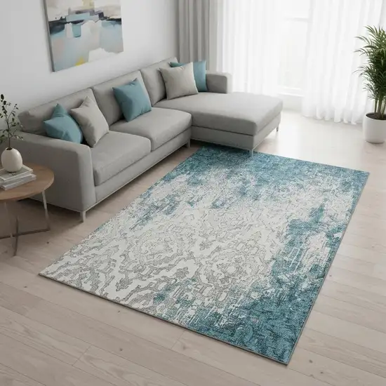 Teal Ivory And Gray Medallion Washable Area Rug With UV Protection Photo 1