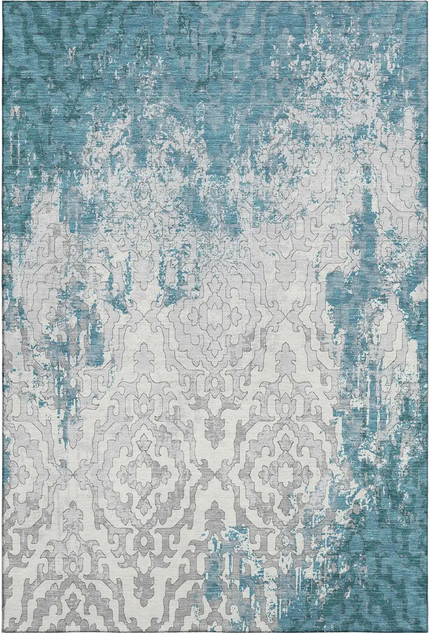 Teal Ivory And Gray Medallion Washable Area Rug With UV Protection Photo 2
