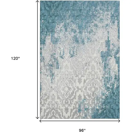 Teal Ivory And Gray Medallion Washable Area Rug With UV Protection Photo 3