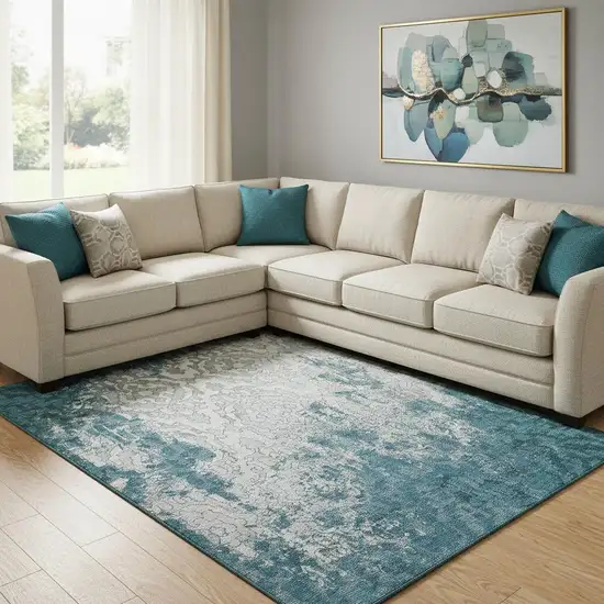 Teal Ivory And Gray Medallion Washable Area Rug With UV Protection Photo 1