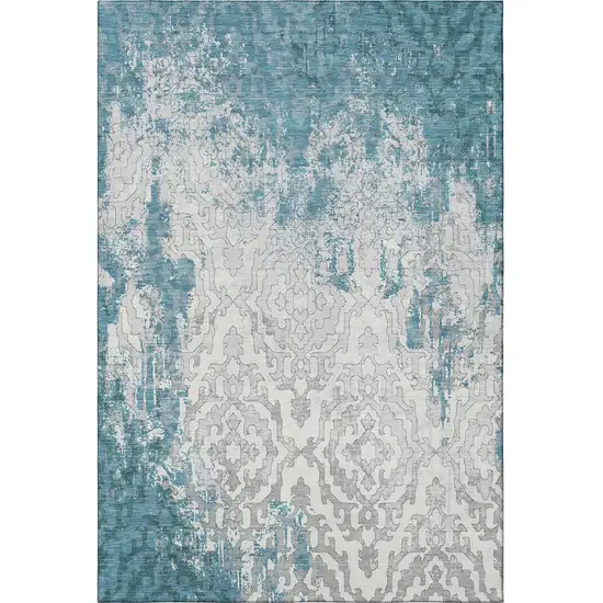 Teal Ivory And Gray Medallion Washable Area Rug With UV Protection Photo 5