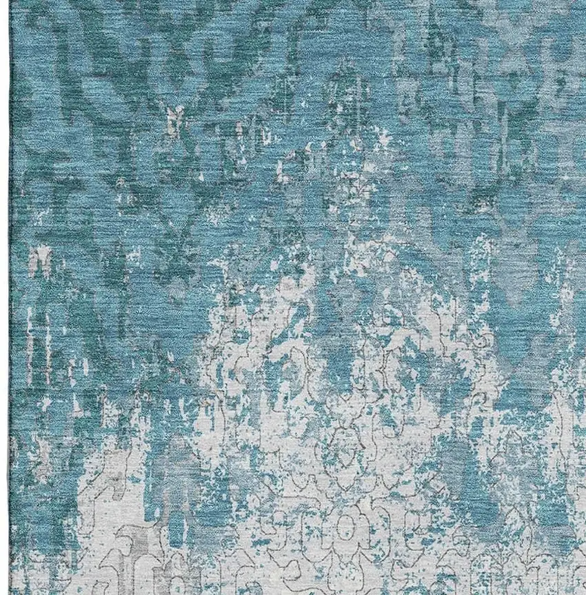 Teal Ivory And Gray Medallion Washable Area Rug With UV Protection Photo 4