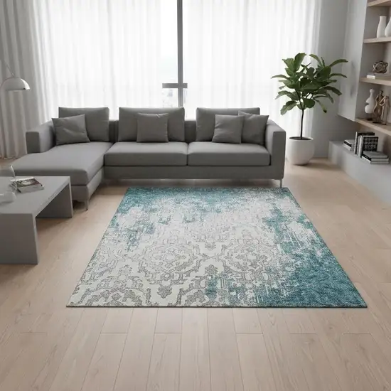 Teal Ivory And Gray Medallion Washable Area Rug With UV Protection Photo 1