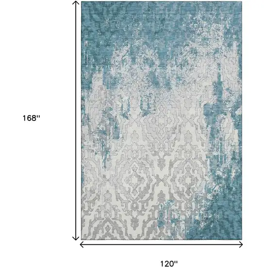 Teal Ivory And Gray Medallion Washable Area Rug With UV Protection Photo 3