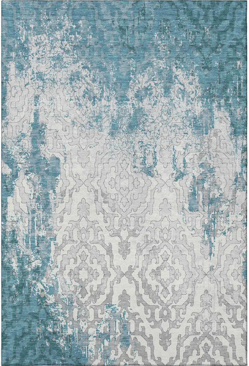 Teal Ivory And Gray Medallion Washable Area Rug With UV Protection Photo 4
