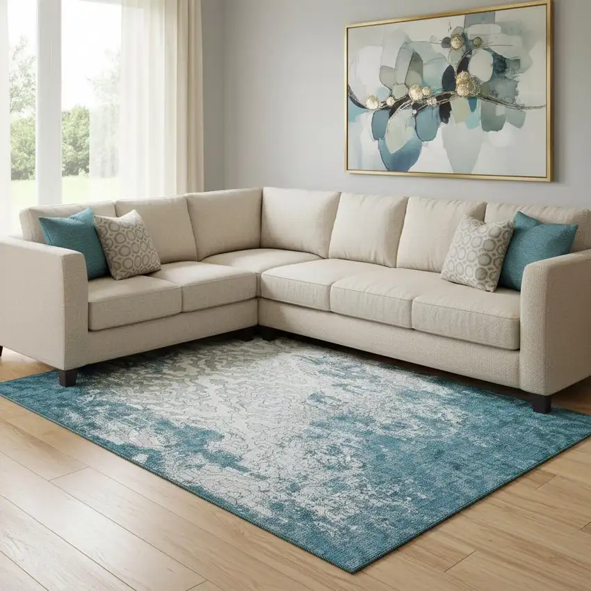 Teal Ivory And Gray Medallion Washable Area Rug With UV Protection Photo 1