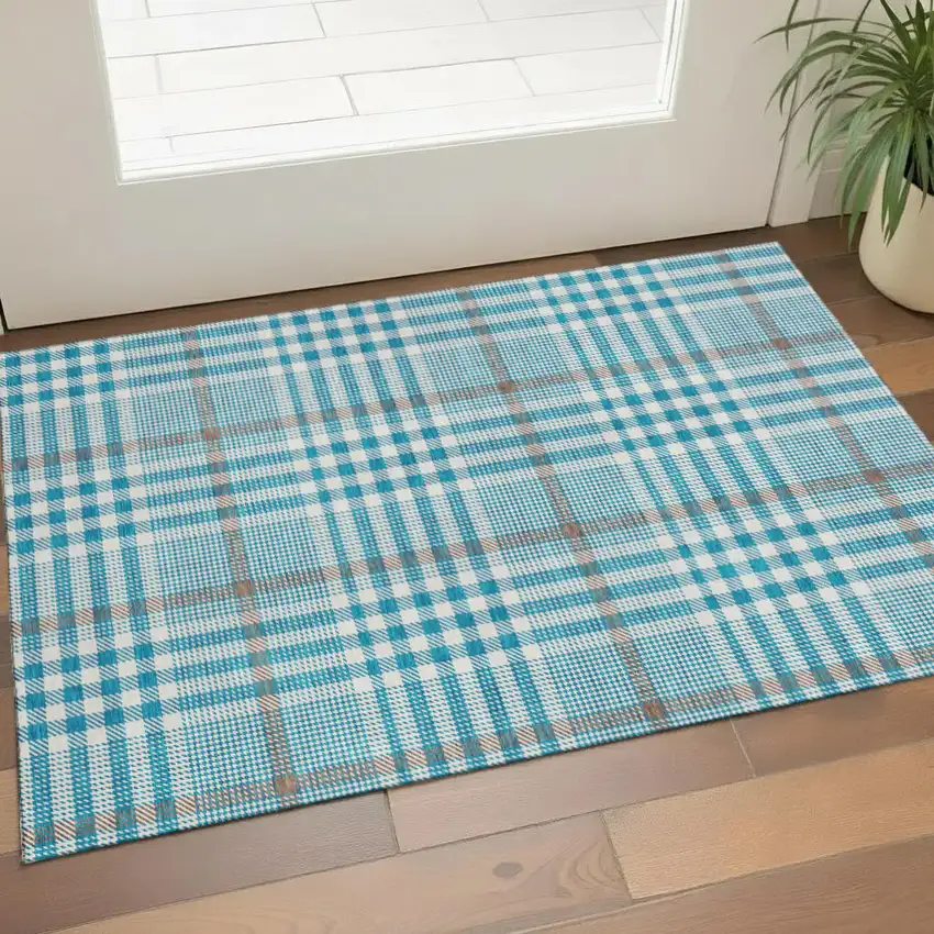 Teal Ivory And Gray Plaid Washable Area Rug With UV Protection Photo 1