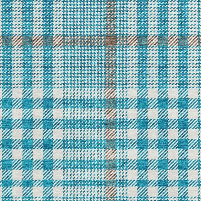 Teal Ivory And Gray Plaid Washable Area Rug With UV Protection Photo 2
