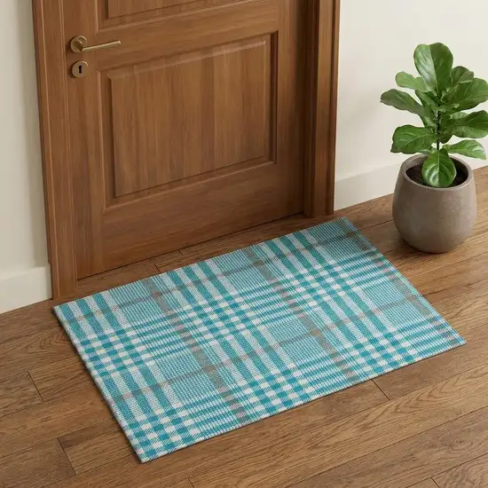 Teal Ivory And Gray Plaid Washable Area Rug With UV Protection Photo 1