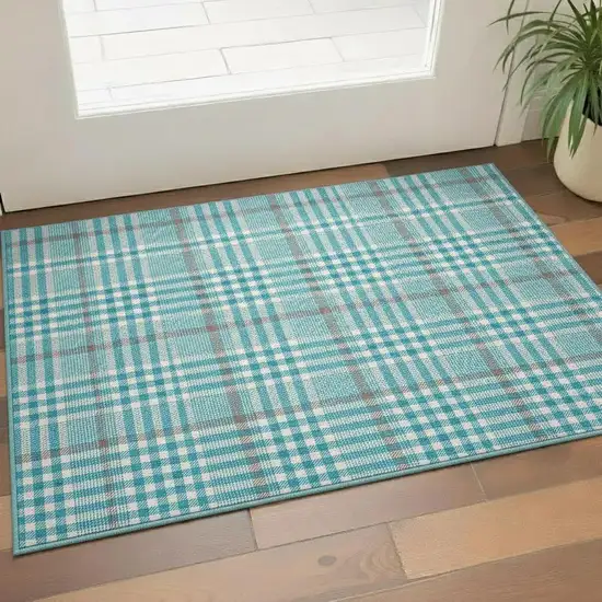 Teal Ivory And Gray Plaid Washable Area Rug With UV Protection Photo 2