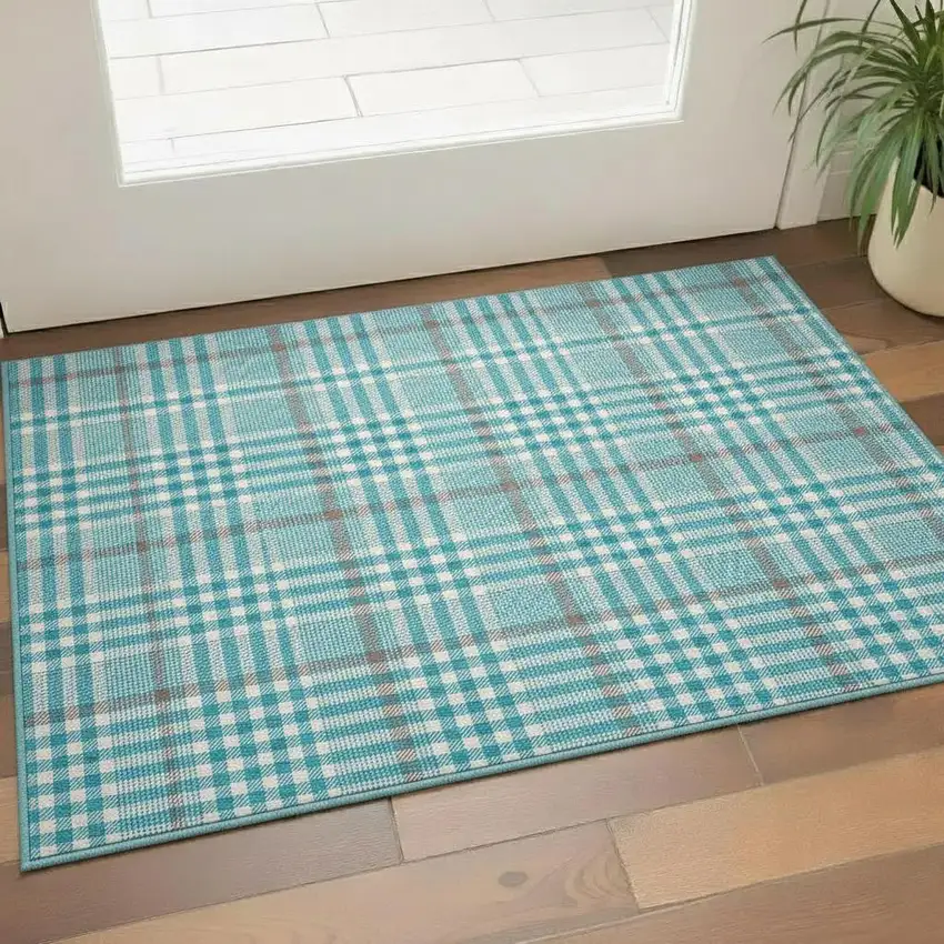 Teal Ivory And Gray Plaid Washable Area Rug With UV Protection Photo 2
