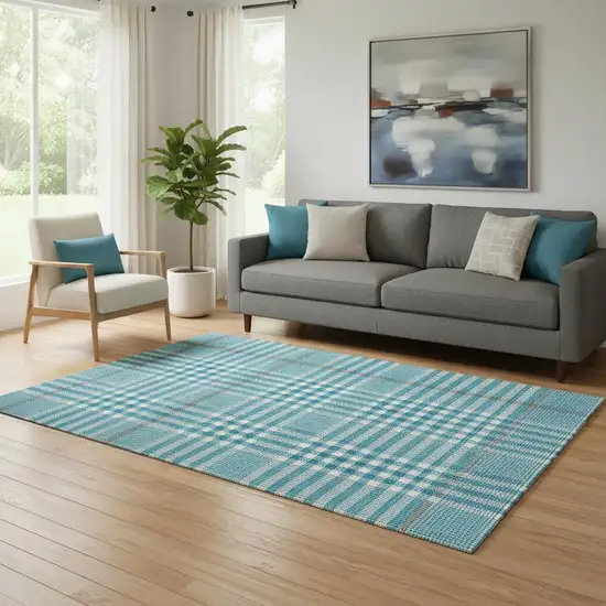 Teal Ivory And Gray Plaid Washable Area Rug With UV Protection Photo 2