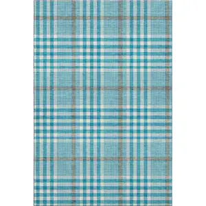 Photo of Teal Ivory And Gray Plaid Washable Area Rug With UV Protection