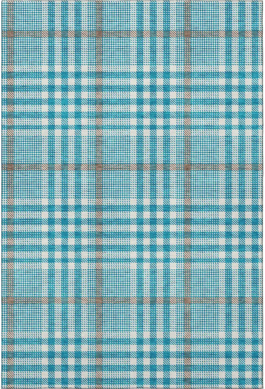 Teal Ivory And Gray Plaid Washable Area Rug With UV Protection Photo 3