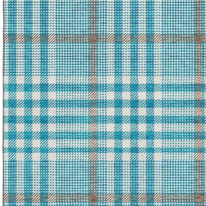 Teal Ivory And Gray Plaid Washable Area Rug With UV Protection Photo 2