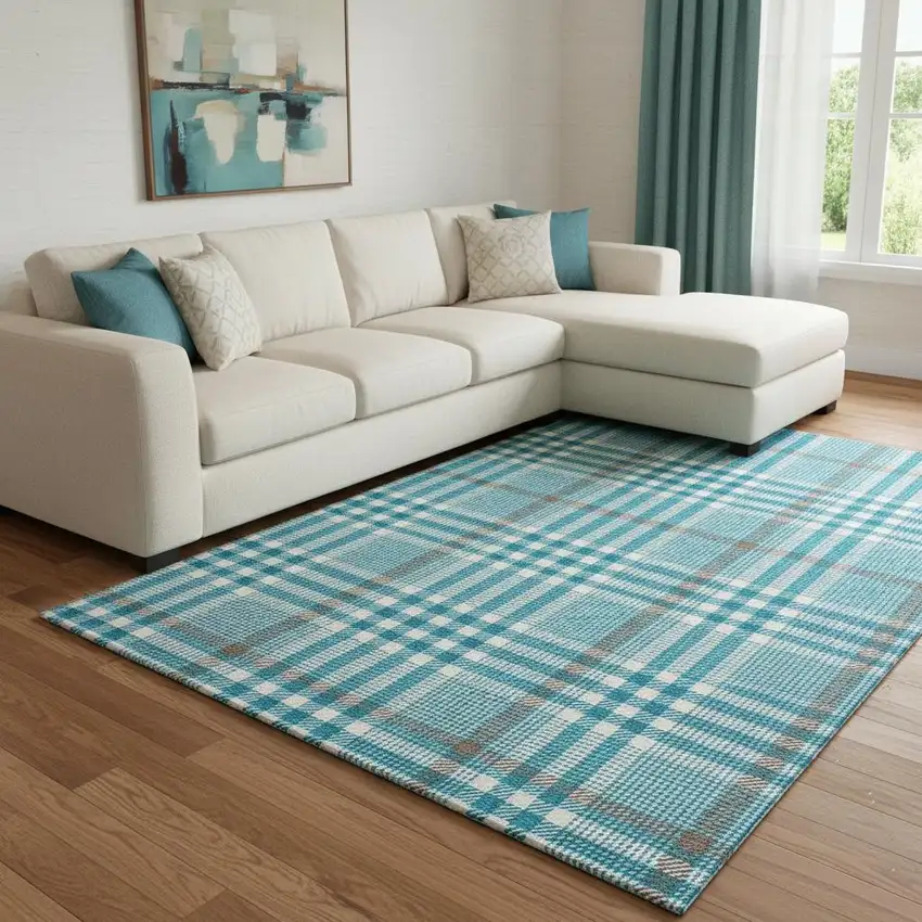 Teal Ivory And Gray Plaid Washable Area Rug With UV Protection Photo 2