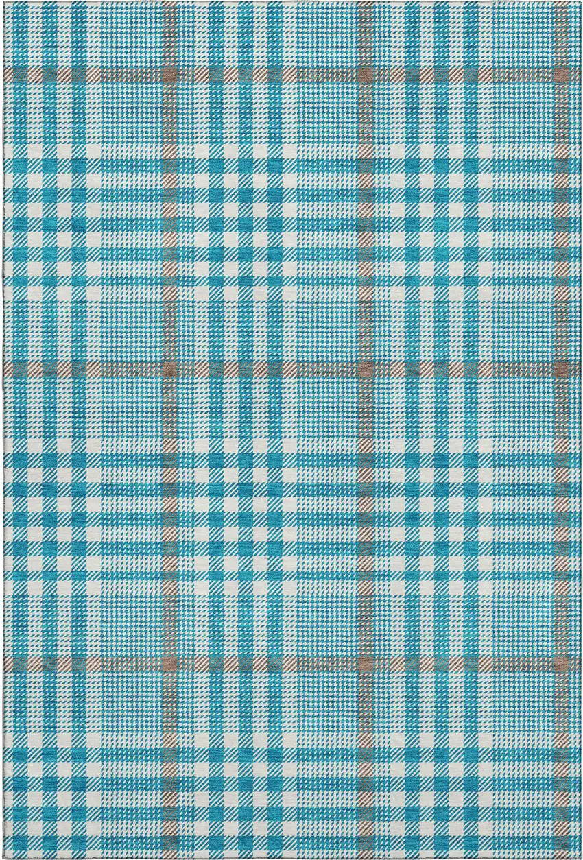 Teal Ivory And Gray Plaid Washable Area Rug With UV Protection Photo 1