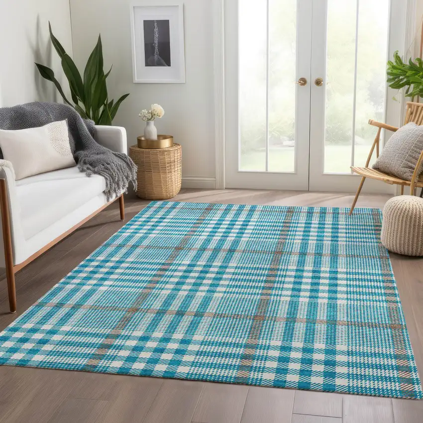 Teal Ivory And Gray Plaid Washable Area Rug With UV Protection Photo 5