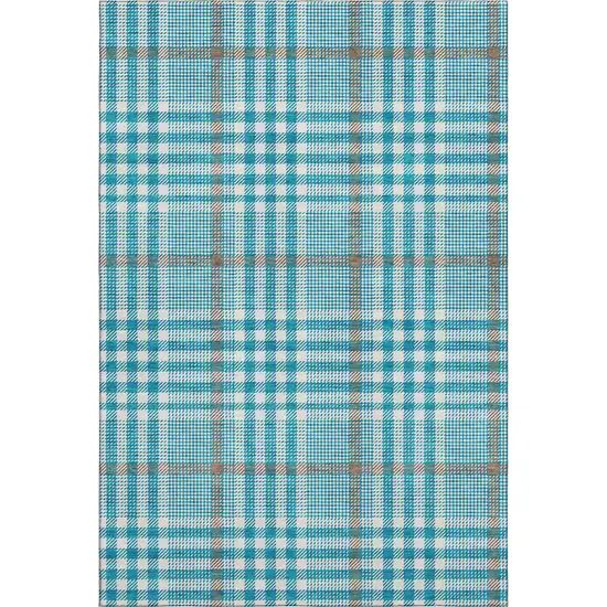 Teal Ivory And Gray Plaid Washable Area Rug With UV Protection Photo 1
