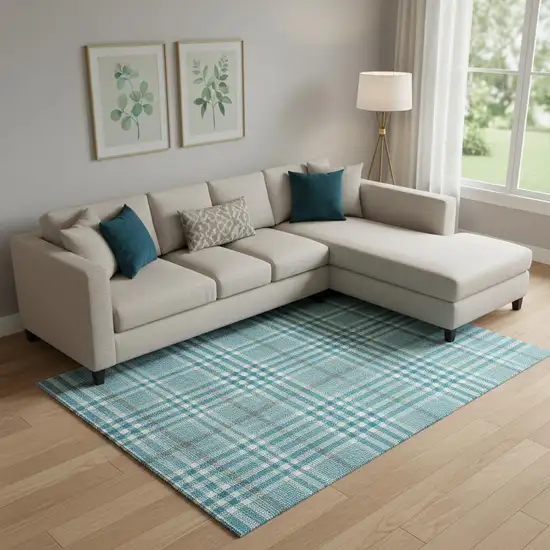 Teal Ivory And Gray Plaid Washable Area Rug With UV Protection Photo 2