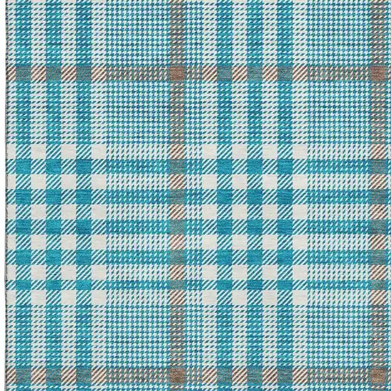 Teal Ivory And Gray Plaid Washable Area Rug With UV Protection Photo 2
